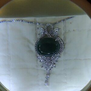Vintage 925 Sterling Silver Green Gemstone and Crystals 23.5" Necklace
